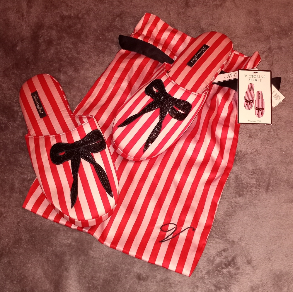 NWT Size 7/8 Victoria's Secret Iconic Red & Pink Strips W/ Sparkly Bow Slippers - Picture 14 of 16